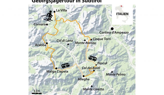 Auf 80 Kilometer länge fährt die Gebirgsjägertour einmal rund um den Col die Lana - wer sie gegen den Uhrzeigersinn absolviert, benötigt dabei nur zweimal einen Skibus.