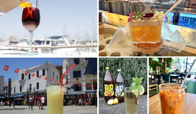 Ein Glas Tinto de verano (Spanien, oben, l-r, Foto), der Drink «Table Mountain» (Südafrika), sowie Citronnade (Tunesien, unten, l-r), Lemon and Paeroa (Neuseeland) und der Eistee Cha Yen (Thailand).