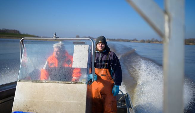 Wilhelm und Jonas Grube fahren mit ihrem Boot auf der Elbe um Stint zu fangen.